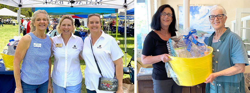 Eileen Hupp, Julia Parton and Sacha Ohara enjoying the Doors Open Peninsula event and Helen Stoddardt giving the Summer Basket to the raffle prize winner