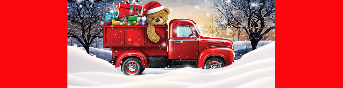 teddy bear in a red truck with presents