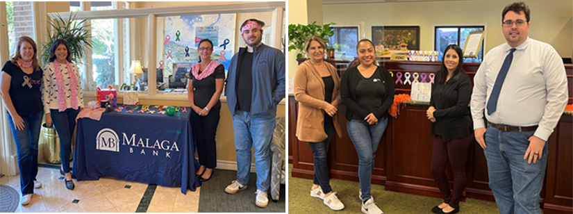 Malaga bank staff standing showing branch support display